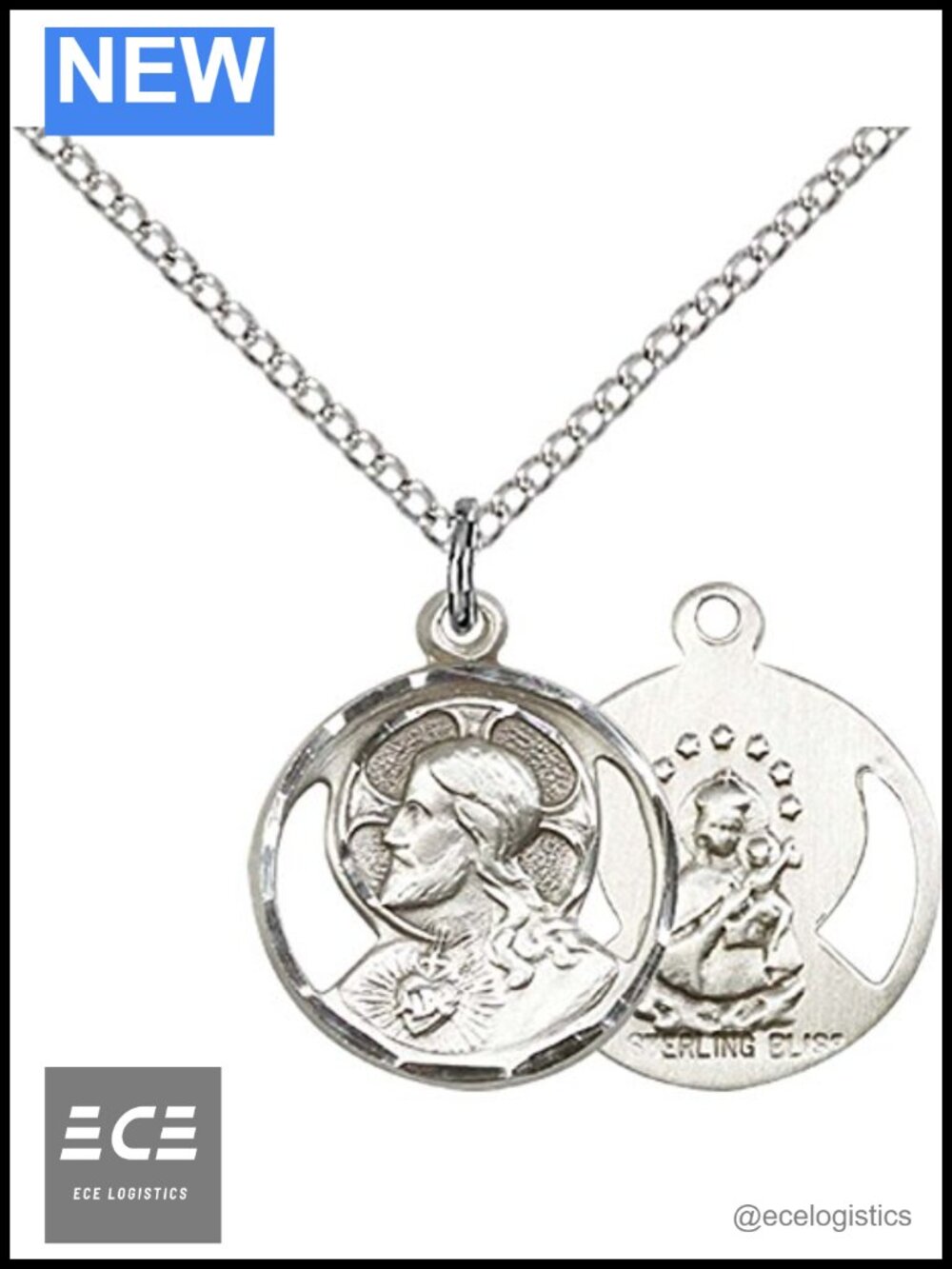 Sterling Silver Scapular Pendant Necklace 18" Stainless Steel Curb Chain